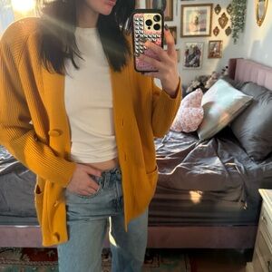 Vintage Karen Scott ribbed golden yellow cardigan with shoulder pads